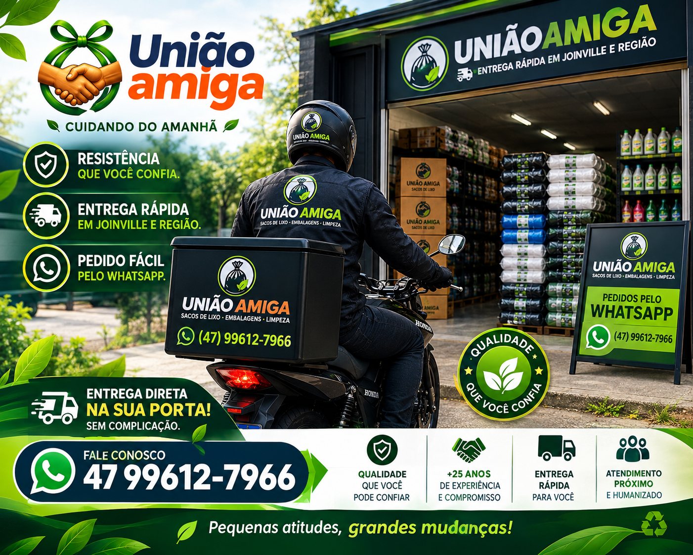 Ilustração: entregador da União Amiga de moto saindo do depósito, com sacos de lixo e produtos de limpeza ao fundo