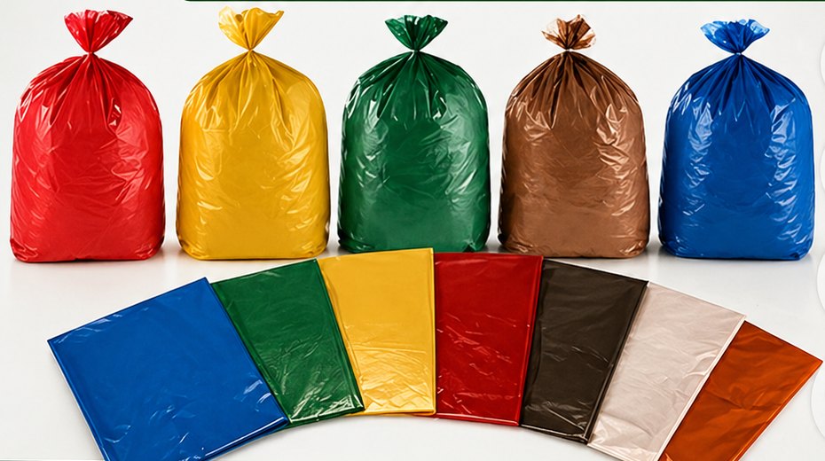 Sacos de lixo coloridos: vermelho, amarelo, verde, marrom e azul, e bobinas nas mesmas cores